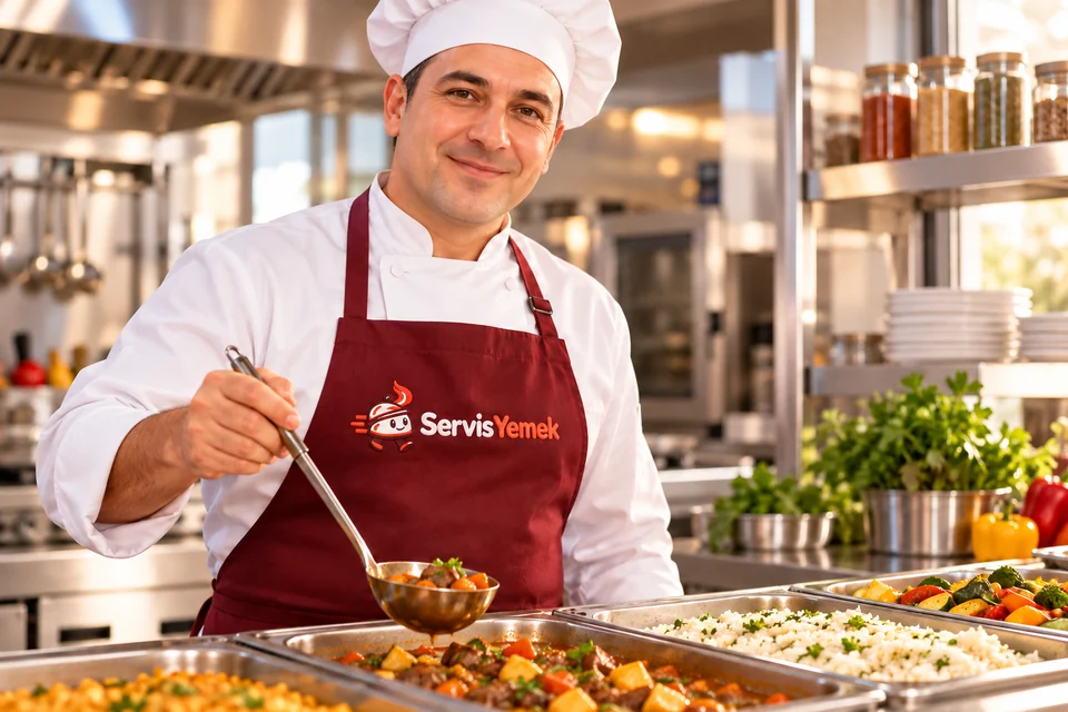 Servis Yemek logolu önlük giyen aşçı
