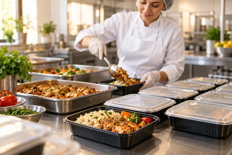 Catering mutfağında yemeklerin porsiyonlanması