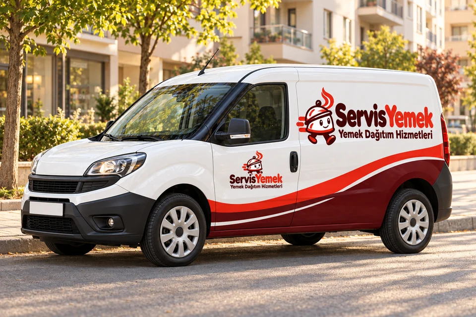 Ağaçlı bir caddede Servis Yemek logosuyla giydirilmiş yemek dağıtım aracı